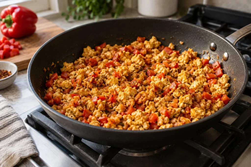 Crumbled paneer and finely diced bell pepper cooking with spices in a skillet