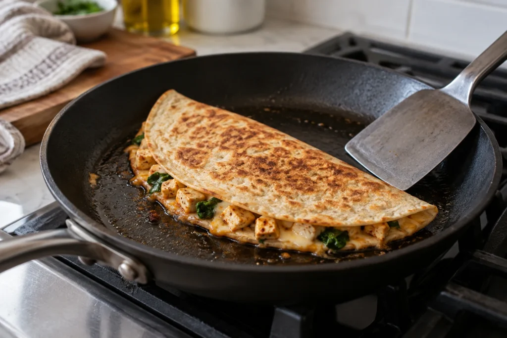 Folded paneer quesadilla browning in a lightly oiled skillet