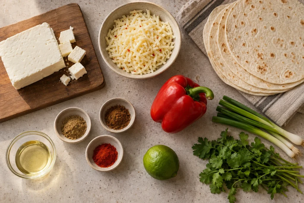 Paneer, pepper jack, flour tortillas, bell pepper, scallions, cilantro, lime, cumin, garam masala, and paprika overhead