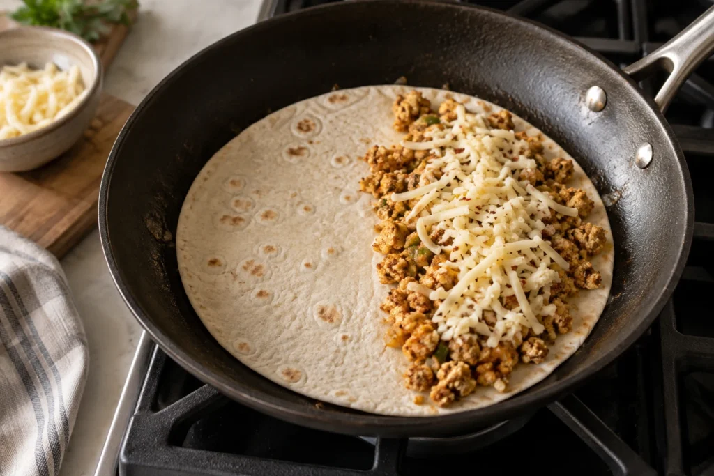 Pepper jack and spiced crumbled paneer arranged over half of a flour tortilla