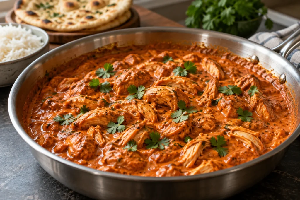 Close view of tender shredded chicken coated in orange-red butter chicken sauce with cilantro