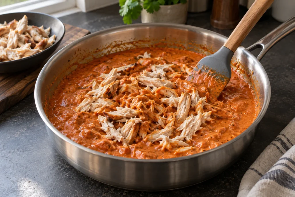 Shredded rotisserie chicken being folded gently into creamy tomato sauce