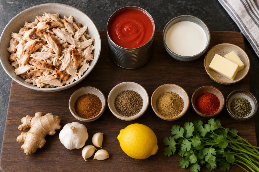 Shredded rotisserie chicken, tomato puree, cream, butter, ginger, garlic, and spices arranged on a counter