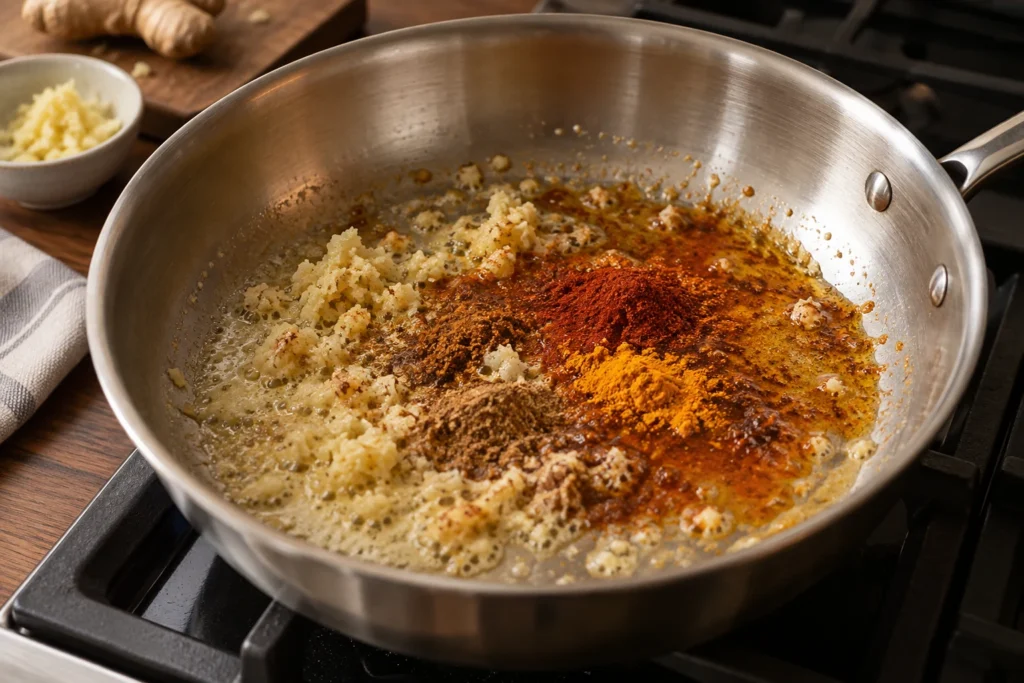 Garlic, ginger, and ground spices blooming in butter and oil in a skillet