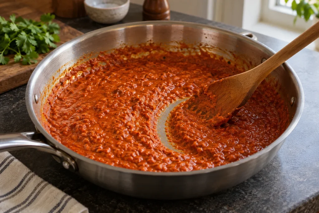 Thickened tomato spice sauce leaving a trail behind a wooden spoon in a skillet