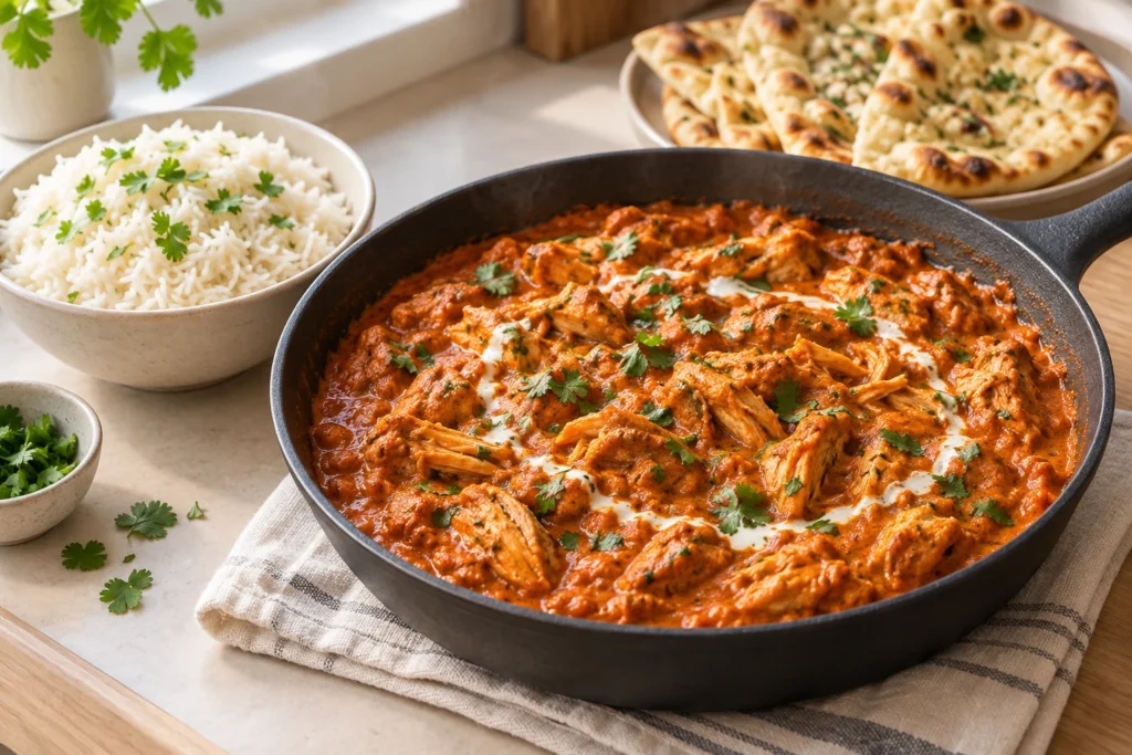15-Minute Rotisserie Chicken Tikka Masala in a cast iron skillet with garlic naan and basmati rice