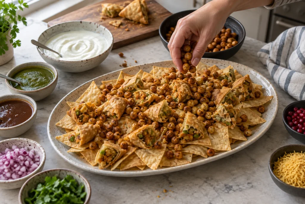 Hot chickpeas and chopped samosas being scattered over sturdy tortilla chips