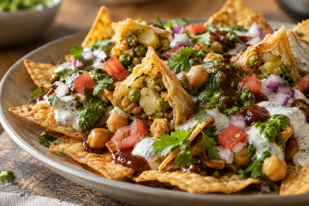 Close view of crisp chips, chopped samosa, chickpeas, chutneys, yogurt, and fresh chaat toppings