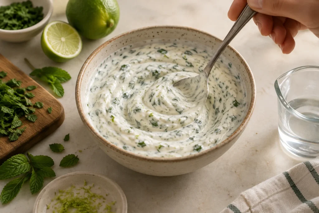 Thick mint yogurt crema being stirred with lime in a small bowl