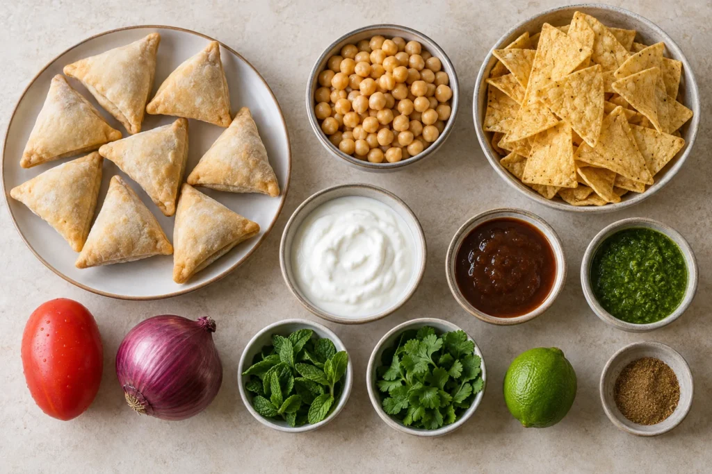 Frozen vegetable samosas, tortilla chips, chickpeas, yogurt, chutneys, tomato, onion, mint, cilantro, and chaat masala overhead