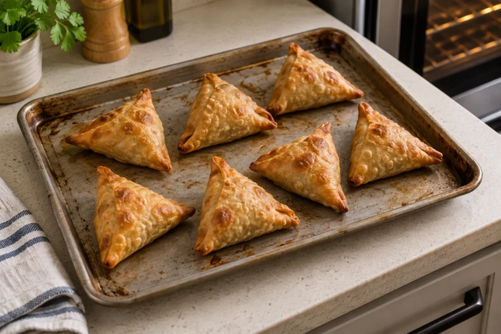 Golden vegetable samosas heated until crisp on a small sheet pan