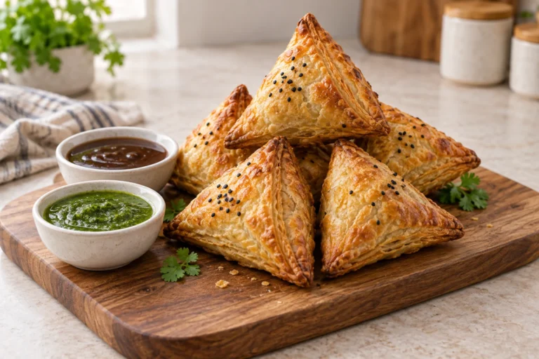 Golden triangular samosa puffs with cilantro chutney and tamarind chutney on a wooden board
