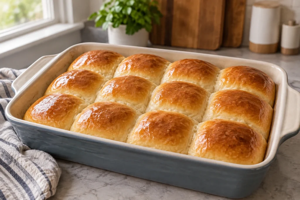 Connected slider slab with glossy browned tops in a baking dish