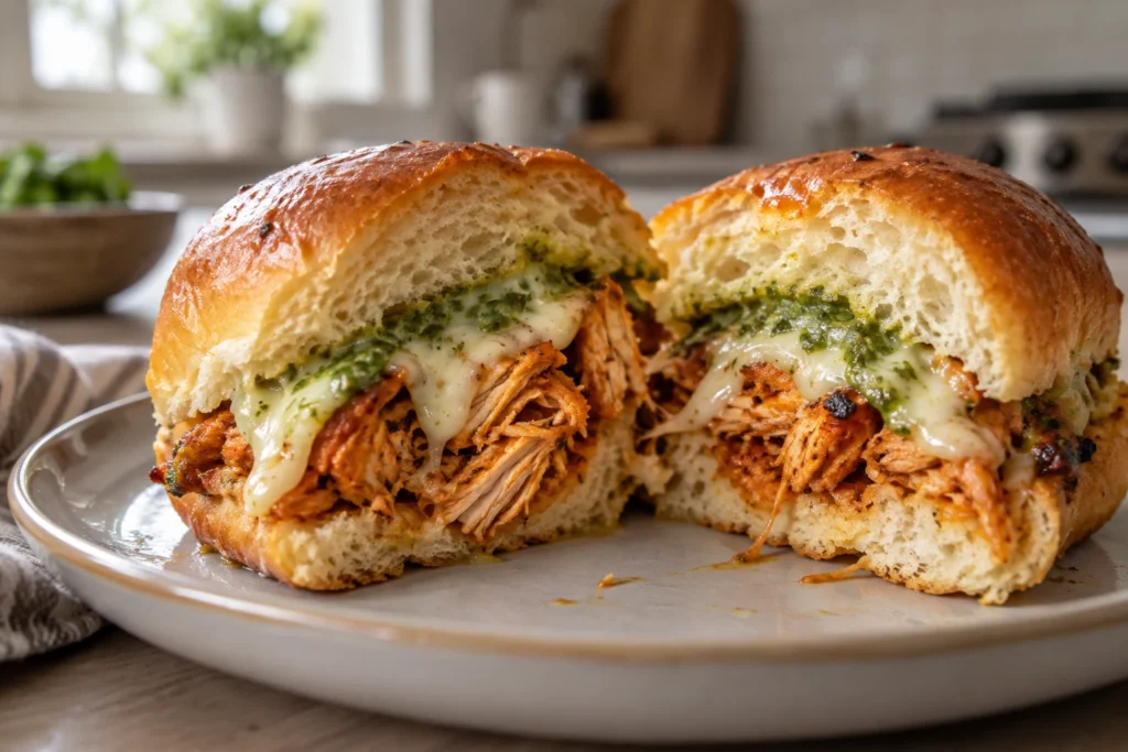 Close view of shredded spiced chicken, melted mozzarella, mint sauce, and soft sweet roll