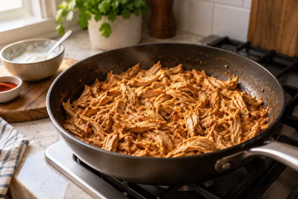 Shredded cooked chicken warming with thick yogurt and tandoori-inspired spices in a skillet