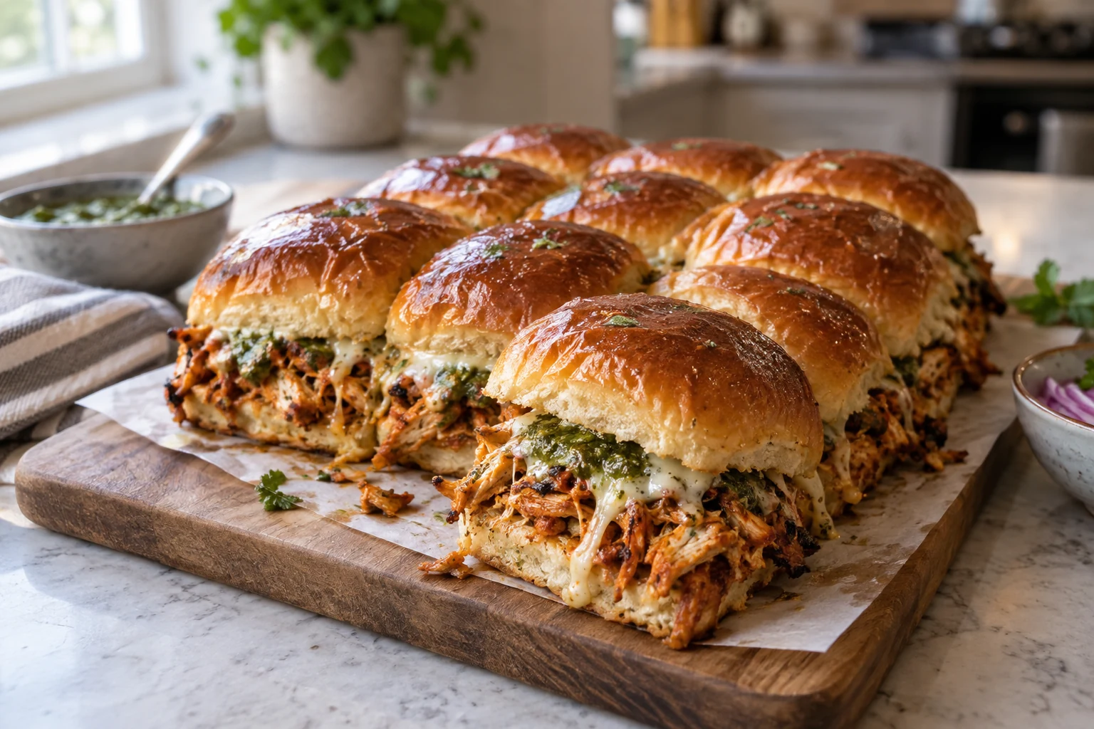 Pull-apart tandoori chicken sliders on glossy Hawaiian rolls with melted cheese and mint