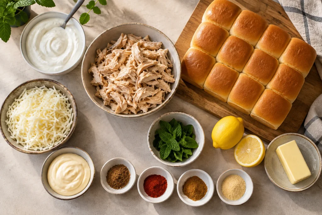 Cooked shredded chicken, Hawaiian rolls, Greek yogurt, mozzarella, mayonnaise, mint, lemon, butter, and spices overhead