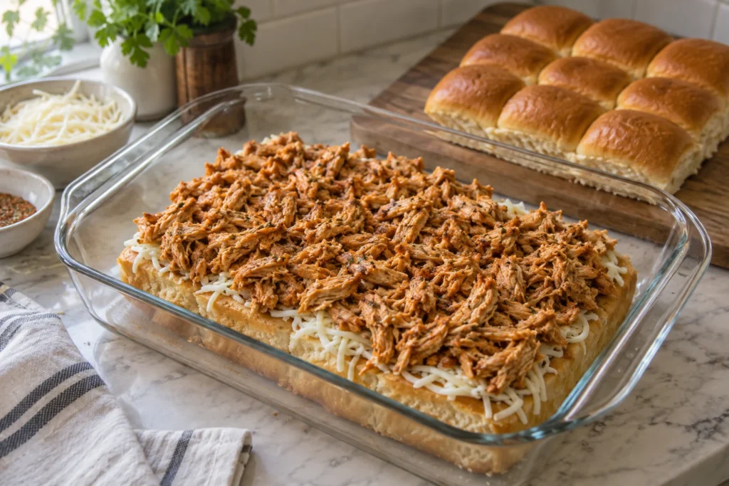 Warm spiced chicken and mozzarella layered across the bottom slab of Hawaiian rolls