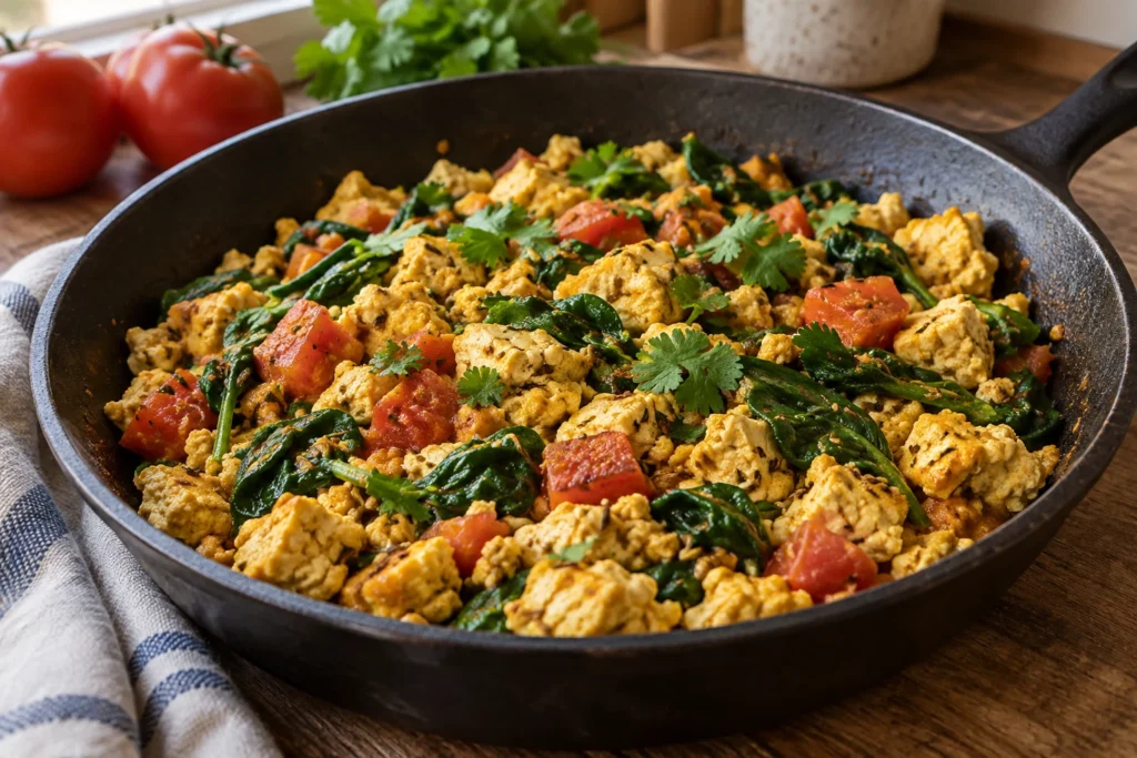 Golden tofu curds with tomato, wilted spinach, cumin, and cilantro