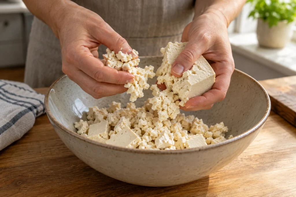 Firm tofu being crumbled into irregular pieces by hand