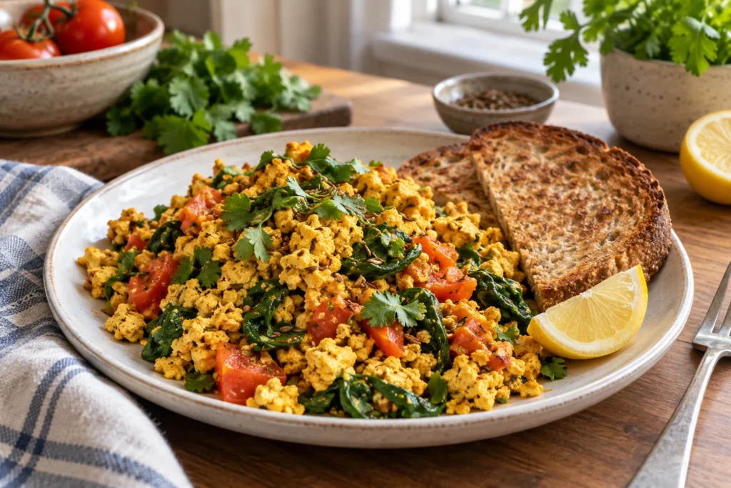 Golden tofu bhurji scramble with tomatoes, spinach, cumin, cilantro, lemon, and toast