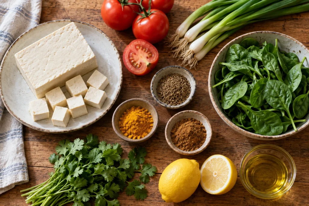 Firm tofu, tomato, scallions, baby spinach, cumin seeds, turmeric, garam masala, cilantro, lemon, and oil overhead