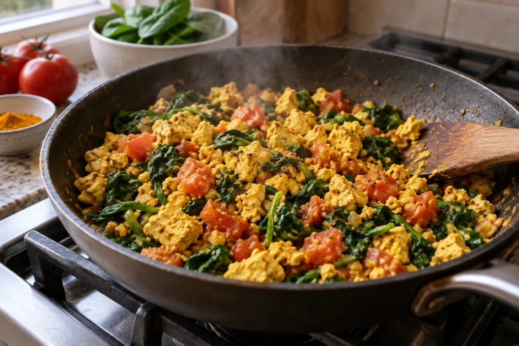 Crumbled tofu and spinach cooking with turmeric and tomatoes