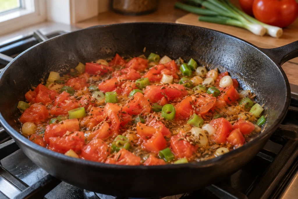 Tomato and scallions cooking with cumin seeds in a skillet