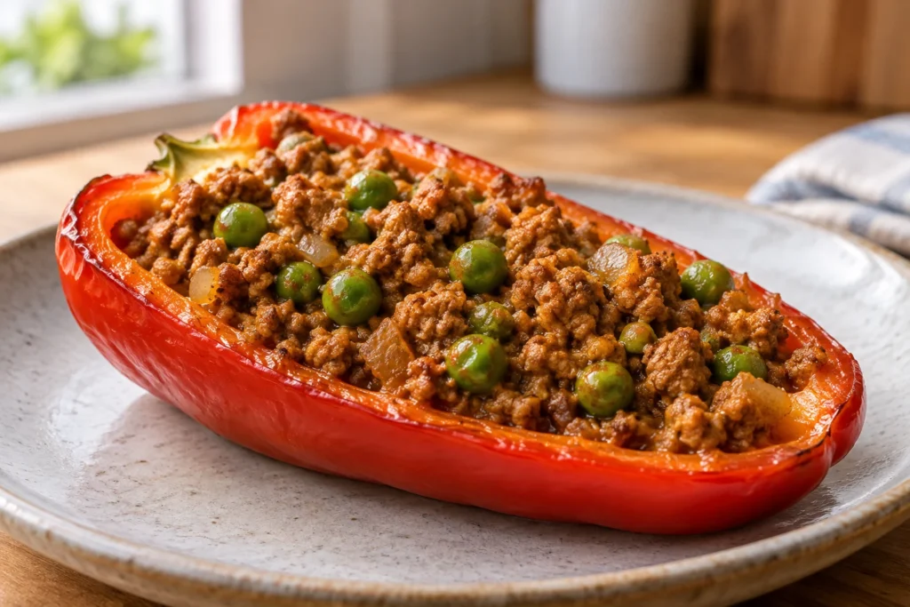 Tender bell pepper filled with crumbly turkey keema and peas