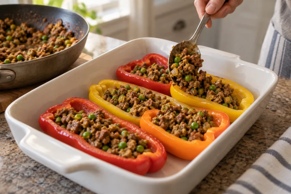 Cooked turkey keema spooned into softened bell pepper halves