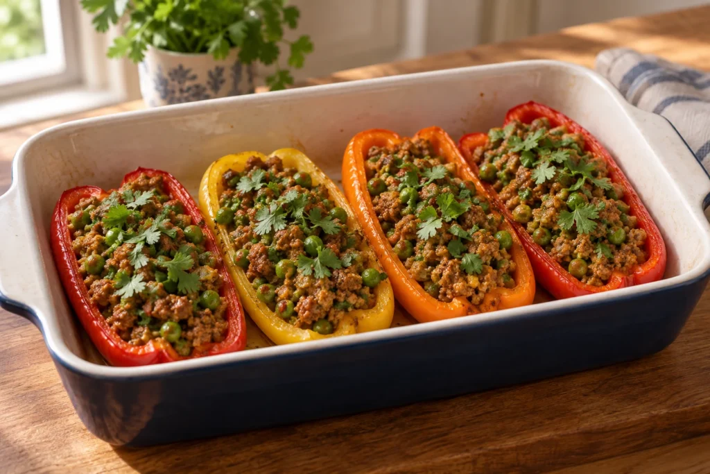 Bell pepper halves filled with browned turkey keema and green peas, finished with cilantro