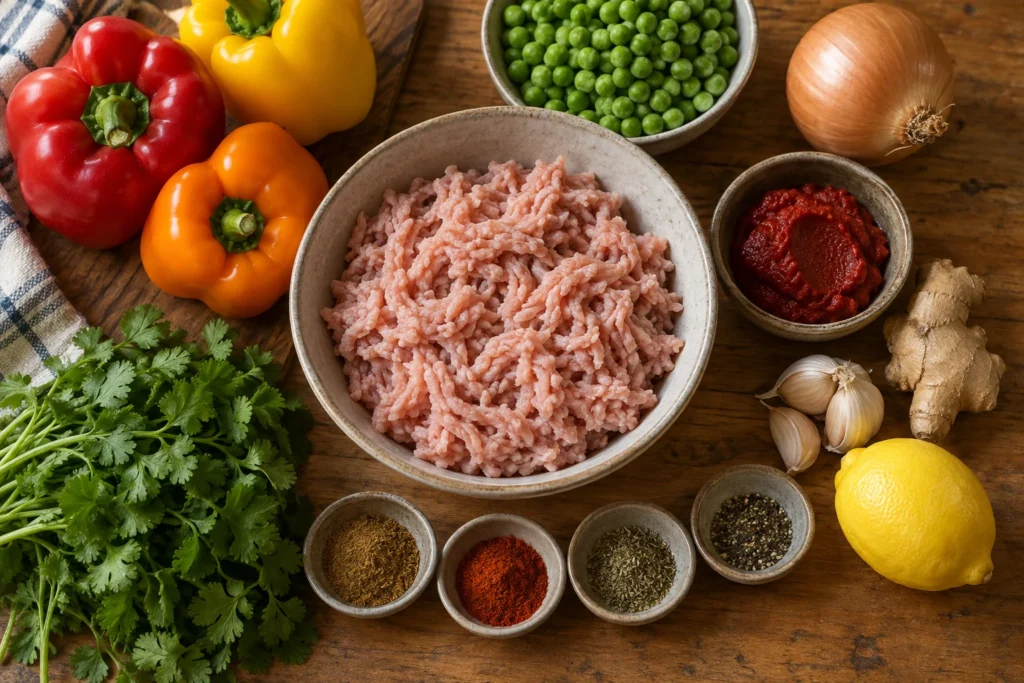 Bell peppers, lean ground turkey, peas, onion, tomato paste, ginger, garlic, spices, cilantro, and lemon overhead