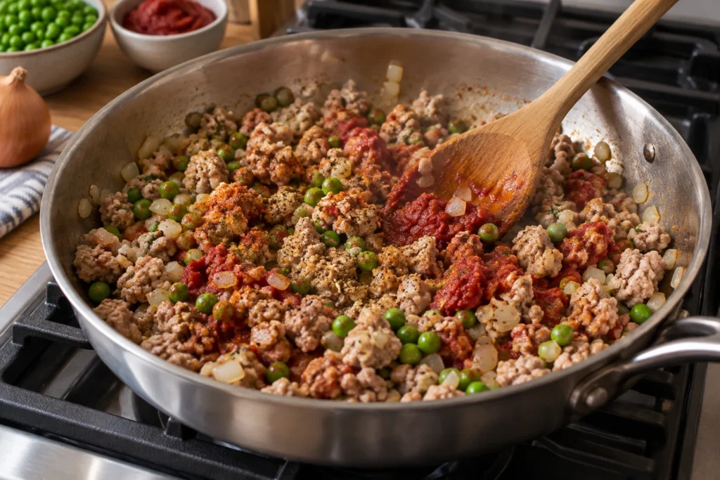 Lean ground turkey browning with onion, tomato paste, peas, and spices