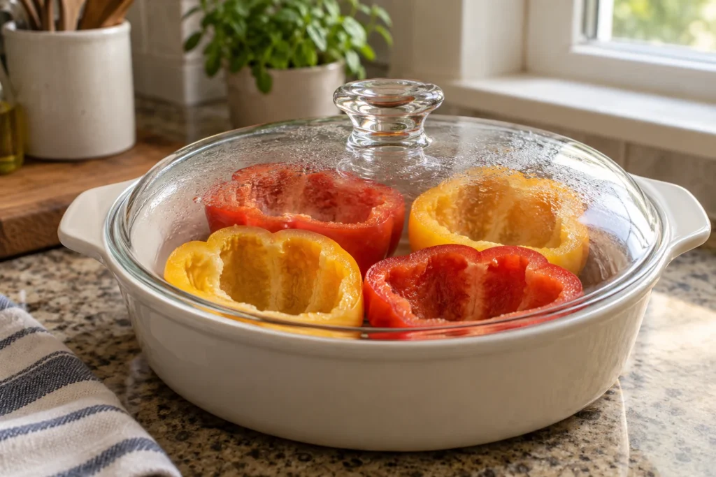 Halved seeded bell peppers in a covered microwave-safe dish