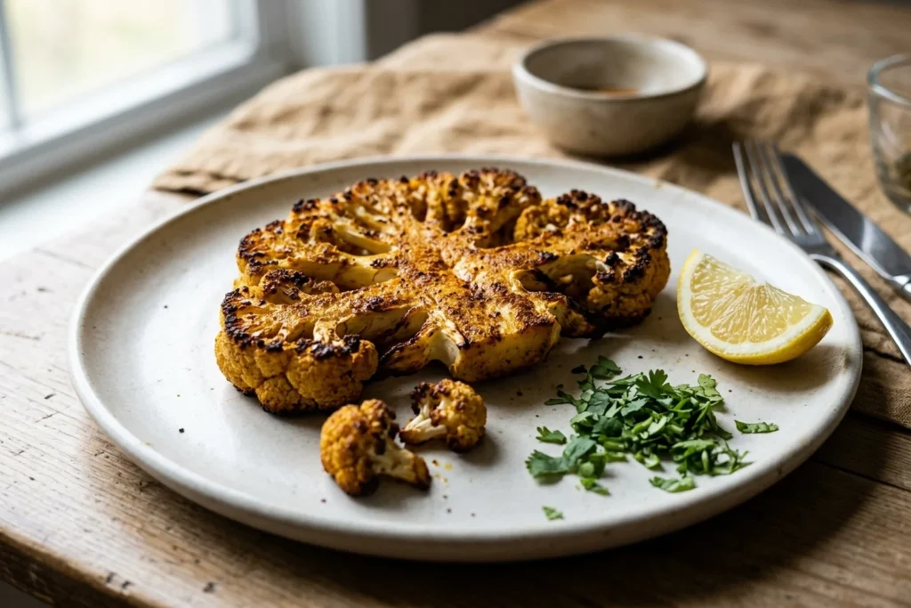 Roasted Indian spiced cauliflower steak with browned caramelized edges, fresh lemon wedge, and chopped cilantro on a ceramic plate