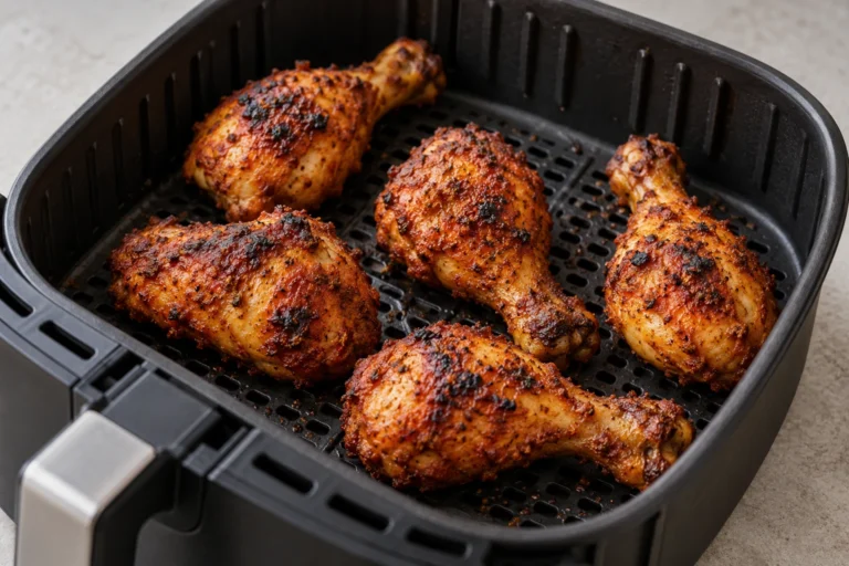 Chicken tikka drumsticks with uneven char in an air fryer basket