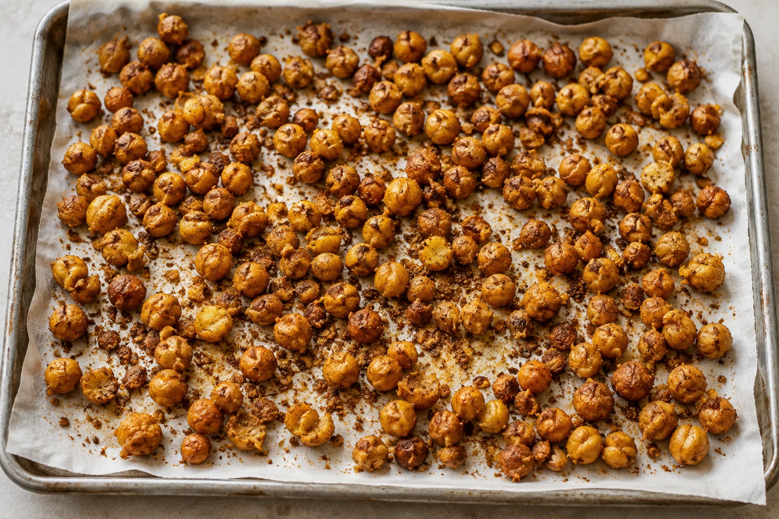 Bombay roasted chickpeas spread across a parchment-lined tray
