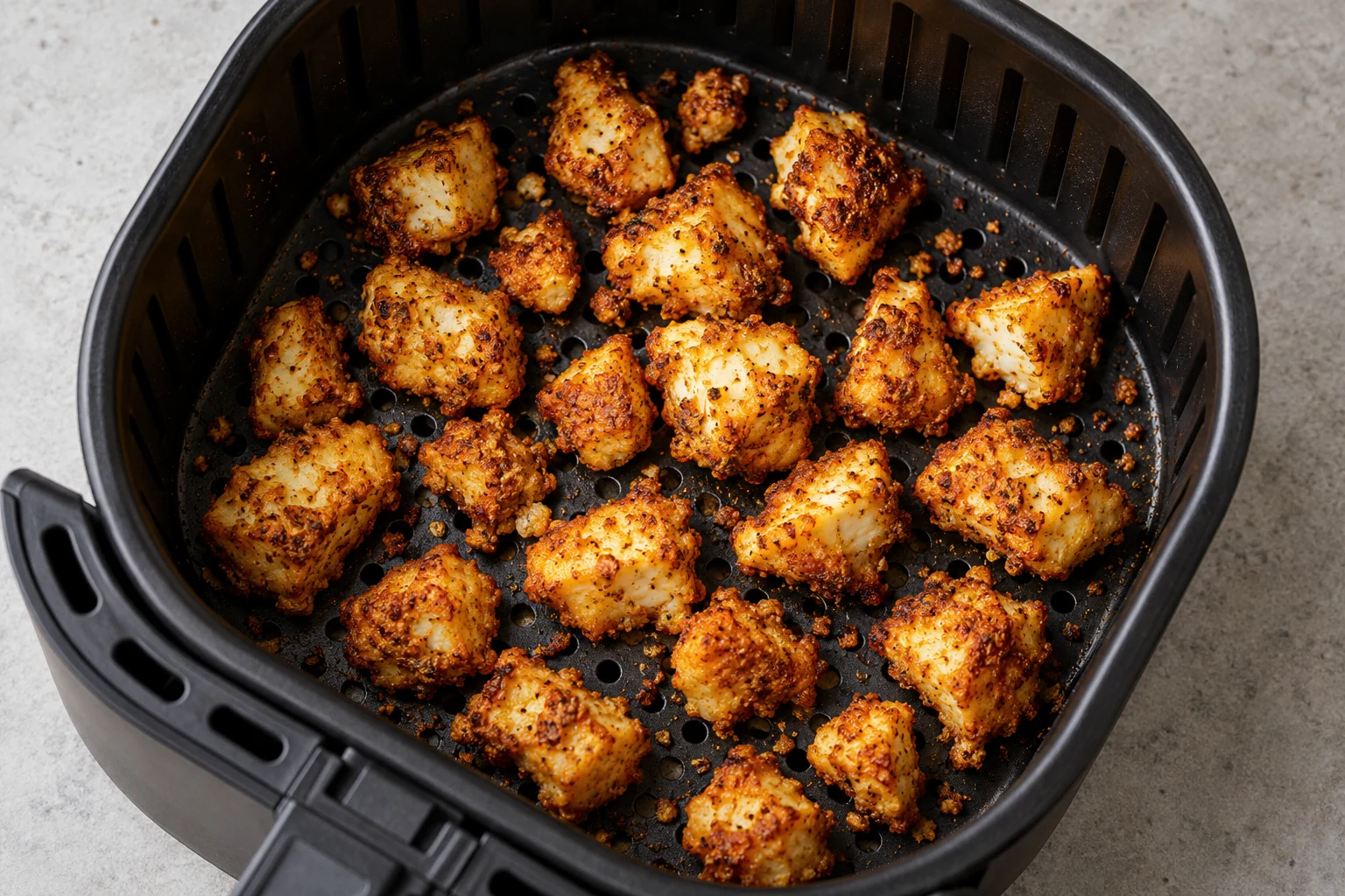 Irregular air fryer paneer popcorn bites in the basket