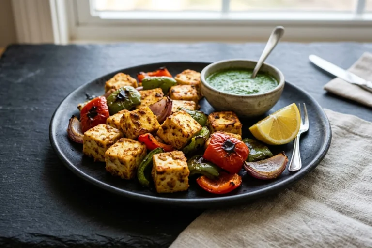 Golden blistered air fryer paneer tikka cubes with charred red and green bell peppers, red onion, lemon, and mint chutney on a dark platter