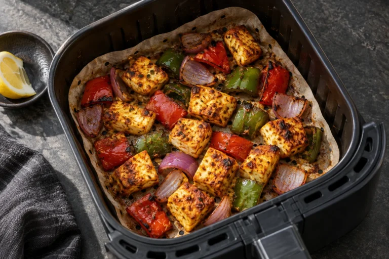 Air fryer paneer tikka with bell peppers and red onion in the basket
