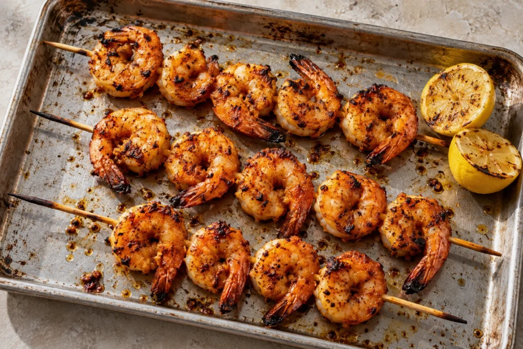 Air fryer shrimp tikka skewers on a stainless-steel tray