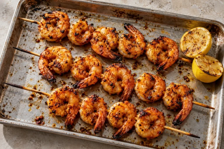 Air fryer shrimp tikka skewers on a stainless-steel tray