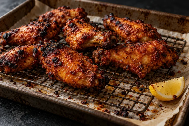 Air fryer tandoori chicken wings on a wire rack and sheet pan