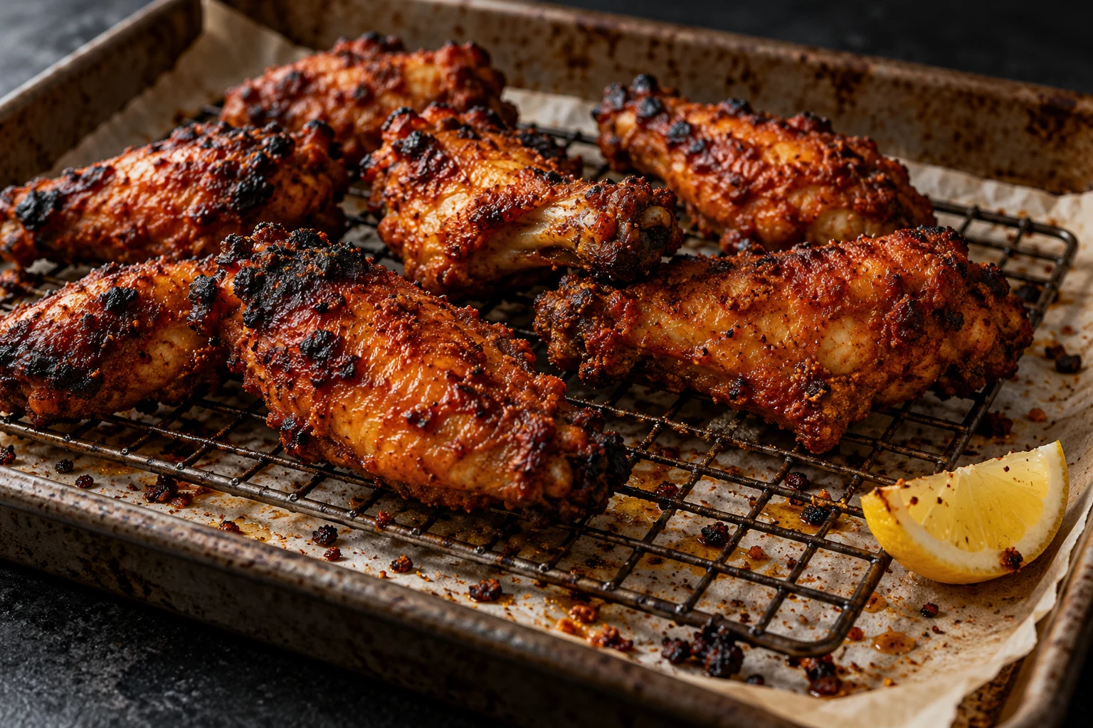 Air fryer tandoori chicken wings on a wire rack and sheet pan