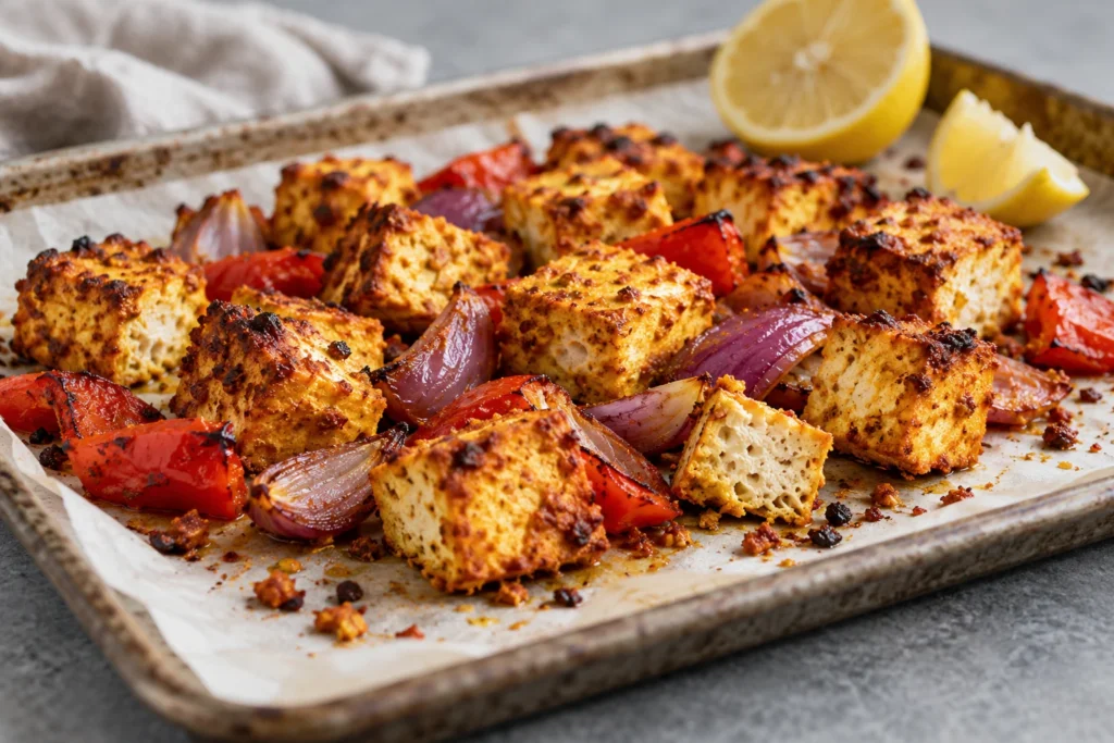 Porous air fryer tofu tikka bites with roasted peppers and red onion