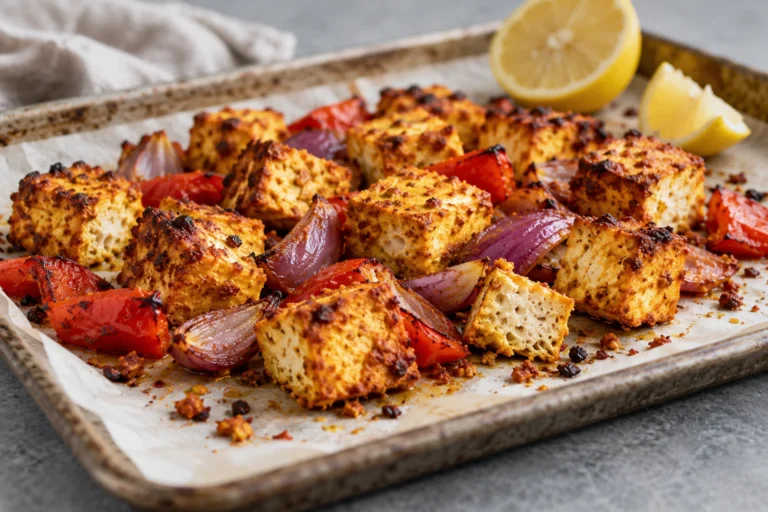 Porous air fryer tofu tikka bites with roasted peppers and red onion