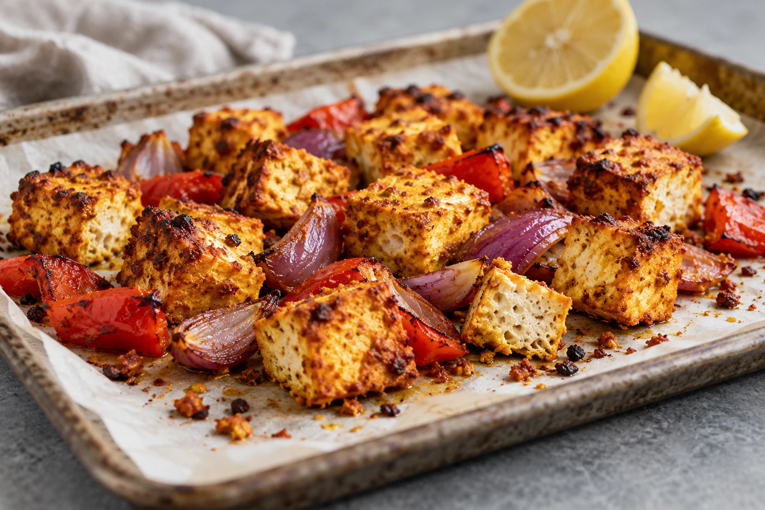 Porous air fryer tofu tikka bites with roasted peppers and red onion