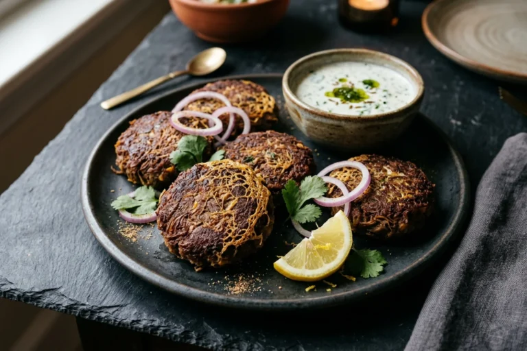 Pan-seared spiced beef shami kabab patties with a delicate lacy egg crust, sliced red onions, lemon, and cumin raita