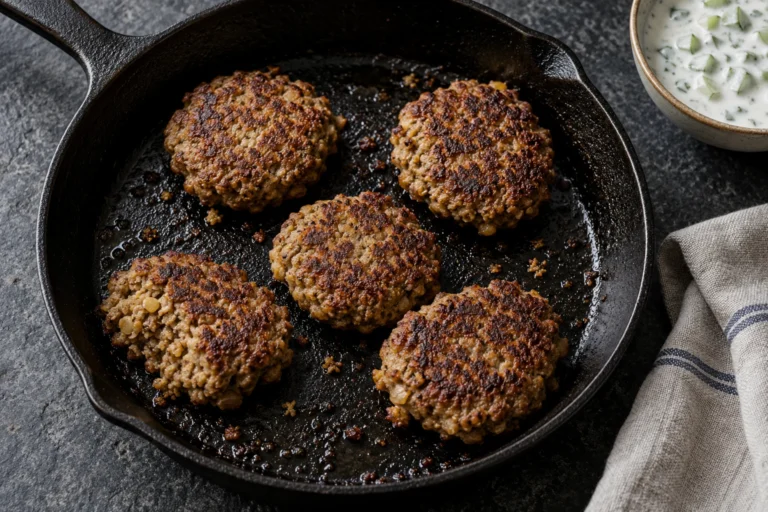 Beef shami kabab patties with varied browning in a cast-iron skillet