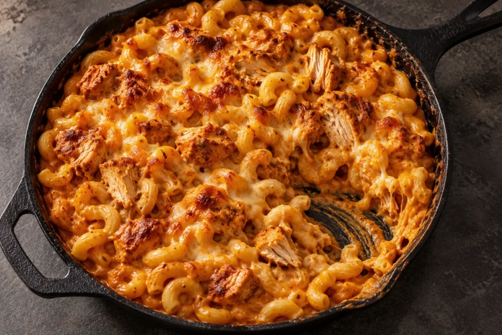 Butter chicken macaroni and cheese in a cast-iron skillet